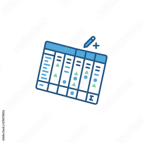 Angled spreadsheet table icon with editing pen tool.