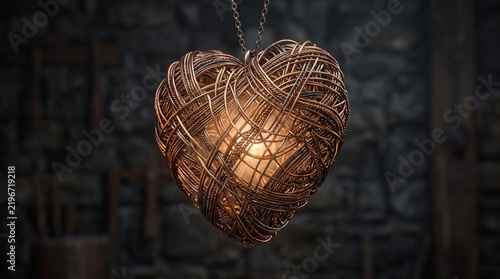 Heart-Shaped Locket in Forge: A rustic, heart-shaped locket, intricately woven from metal wire, hangs in a dimly lit forge, exuding an aura of mystery and crafted artistry.