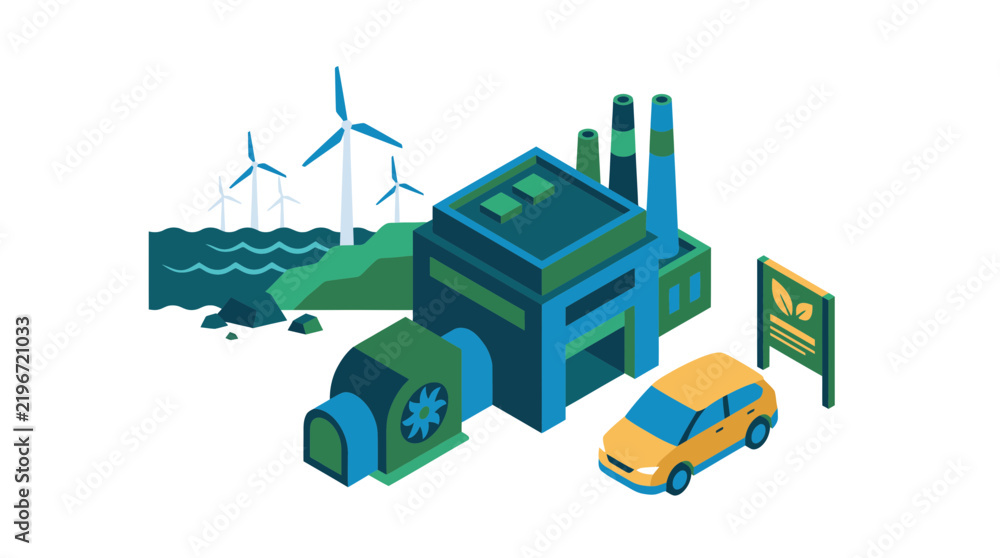 Obraz premium Isometric vector illustration of green energy concept with wind turbines, eco-friendly factory, and electric car
