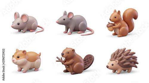 Cute Small Animal Toys Set Featuring Mice Squirrel Hedgehog and Hamster in Soft Colors