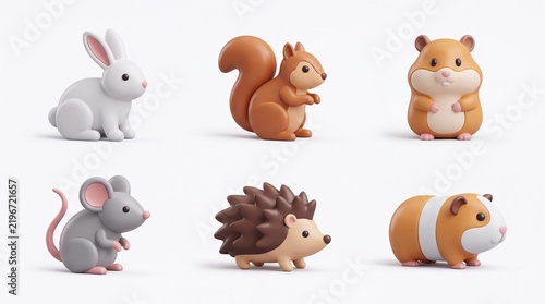 Cute Animal Toys Set Featuring White Rabbit Squirrel Hamster Hedgehog and Guinea Pig on White Background