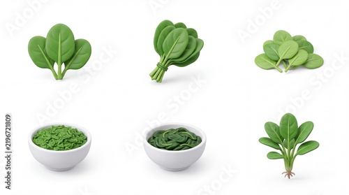 Fresh Green Spinach Leaves and Baskets on White Background