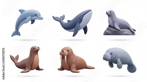Set of Cute Cartoon Marine Animal Figures Including Dolphin Whale Seal and Walrus in Soft Colors for Children's Toys or Educational Materials
