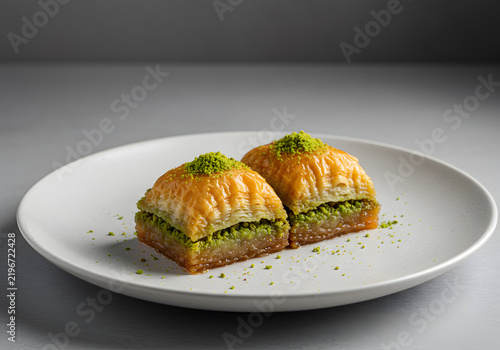 Two pieces of baklava on white plate