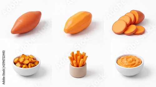 Sweet Potatoes with French Fries and Dips in White Bowls on White Background