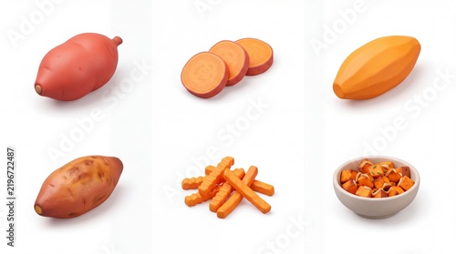 Sweet Potatoes and Carrots Assorted Food Items on White Background