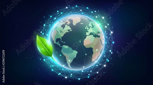 Globe with digital network connections and green leaf symbolizing sustainability in futuristic design