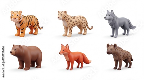 Set of Six Colorful Animal Figurines Featuring Tiger Cheetah Wolf Bear Fox Hyena Toys