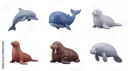 Set of Cute Cartoon Marine Animal Figures Featuring Dolphin Whale Seal Walrus and Manatee in Bright Colors for Children's Toys or Educational Materials
