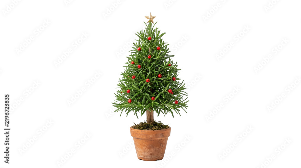 Fototapeta premium Mini Potted Rosemary Herb Shaped like Christmas Tree with Red Berries for Small Space Holiday Decoration