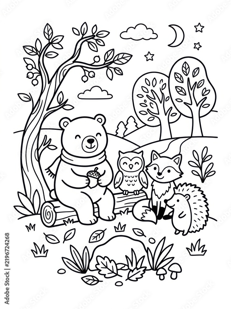 Fototapeta premium Woodland animals gather in a forest with a bear, owl, fox, and hedgehog. Trees, leaves, moon, stars, and clouds create a playful nature scene. Printable coloring page for children.