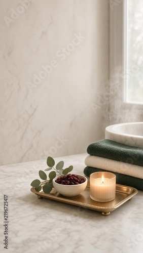 Spa bathroom tray with candle towels and copy space