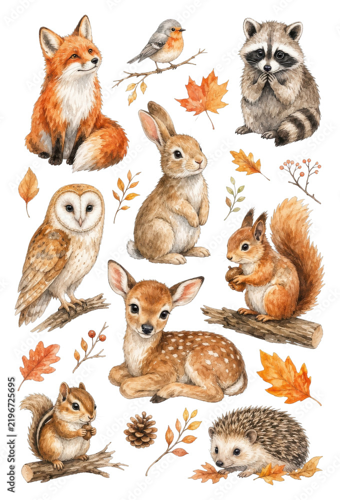 Obraz premium Cute watercolor woodland animals PNG transparent background clipart set