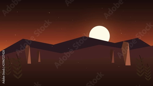 Minimalist 2D Vector Night Landscape with Full Moon