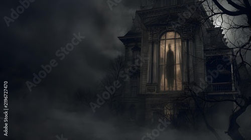 Spooky Silhouette Figure Standing in Haunted Mansion Window Dark Halloween Banner Background
