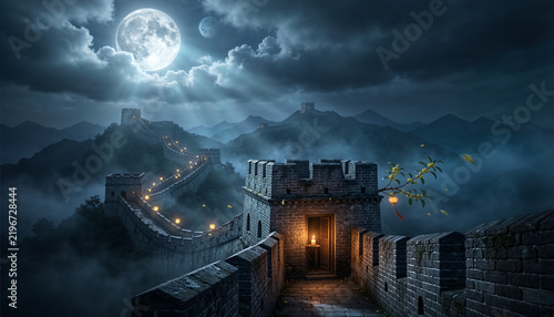 Great Wall of China Under Full Moon and Dramatic Clouds