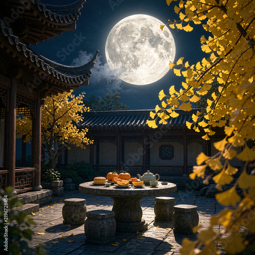Mid-Autumn Festival Full Moon Over Chinese Classical Garden