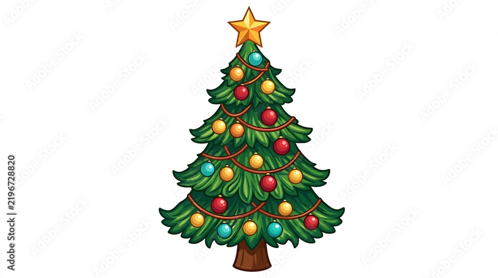 Naklejka premium Isolated image of Christmas tree. Holiday fir in flat cartoon style. Flat view of pine with star. Symbol of New Year