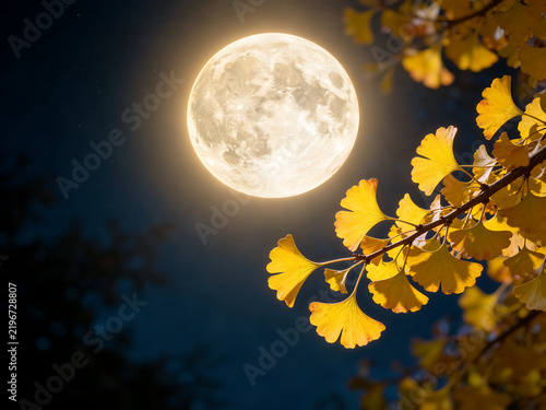 Full Moon and Golden Ginkgo Leaves in Autumn Night