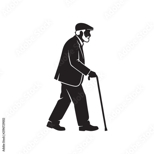 Silhouette of an Old Man Walking with a Cane, Side View Vector Illustration