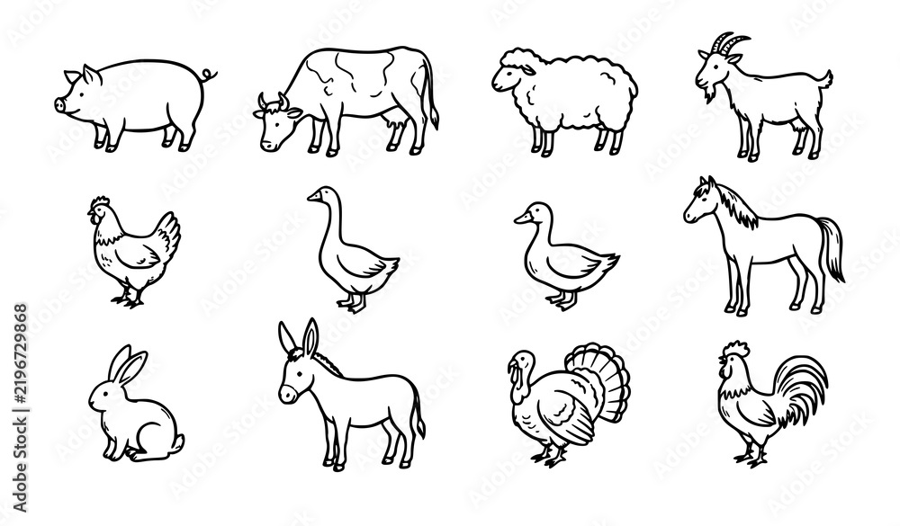 Fototapeta premium Black Hand Drawn Livestock Farm Animal Vector Icon Collection