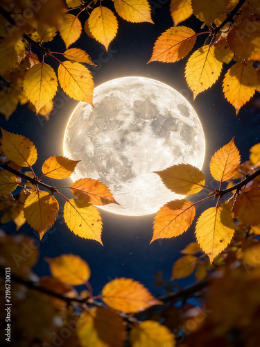 Full Moon Surrounded by Golden Autumn Leaves