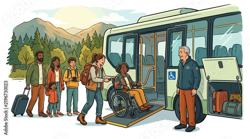 Diverse travelers boarding an accessible tour bus with a wheelchair ramp in a mountain landscape