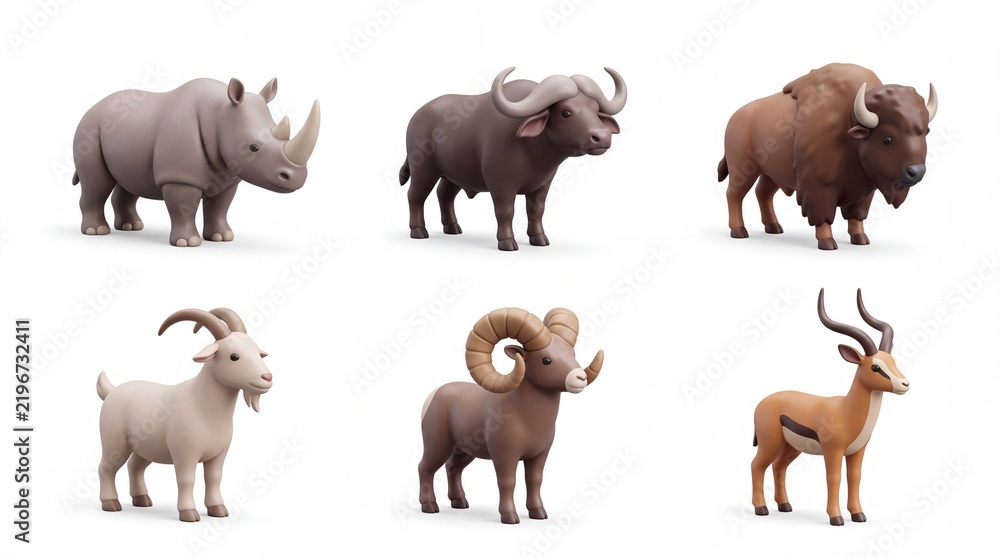 Fototapeta premium Collection of Six Cartoon Style Animal Figurines Including Rhino Goat Bison and Antelope