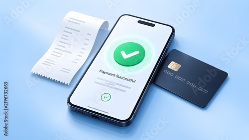 Successful mobile payment concept. Smartphone with green checkmark screen next to a credit card and paper receipt on a light blue background.
