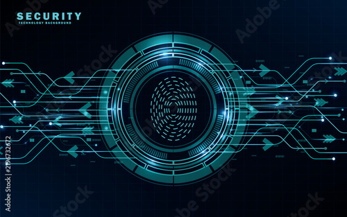 Abstract blue fingerprint biometric scanning interface on dark technology circuit board background for cybersecurity identification concept