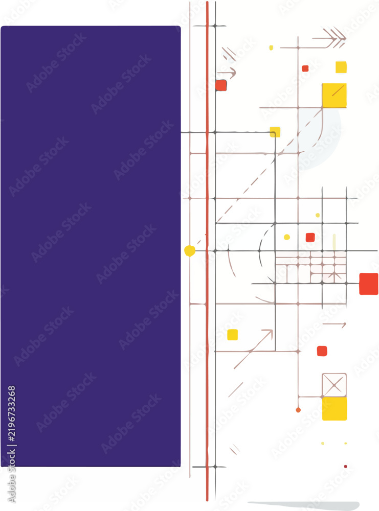 Obraz premium Minimalist Geometric Composition with Deep Purple Block and Intricate Technical Lines for Modern Artistic Design Projects