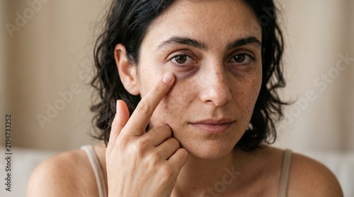 Portrait of young brunette woman pointing to dark circles and puffiness under eye area