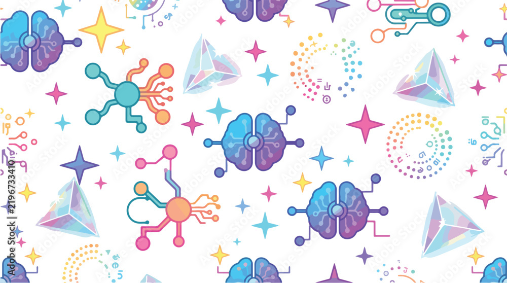 Fototapeta premium Abstract Artificial Intelligence Pattern Featuring Neural Network Brains and Geometric Crystal Icons for Futuristic Digital Technology Backgrounds
