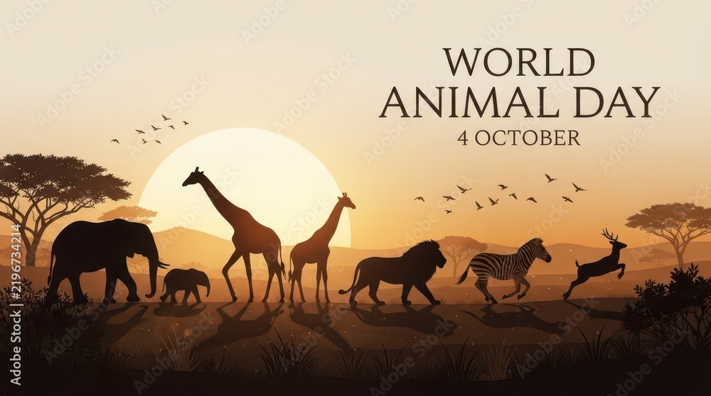 Obraz premium African animals silhouette on sunset savanna background celebrating world animal day 