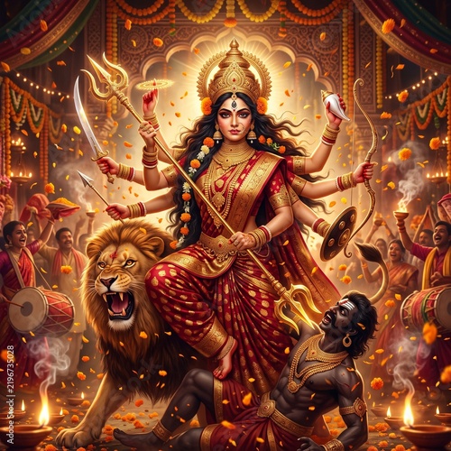 Goddess durga slaying mahishasura during durga puja festival