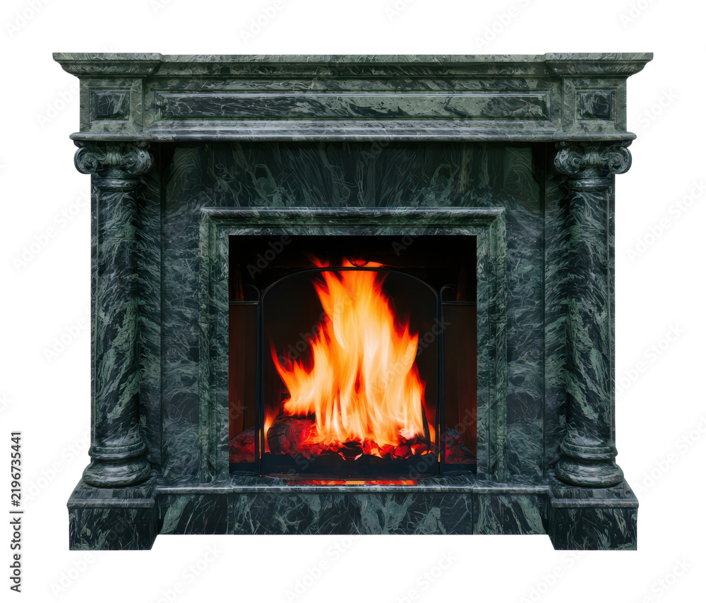 Obraz premium PNG Ornate dark marble fireplace with glowing flames isolated
