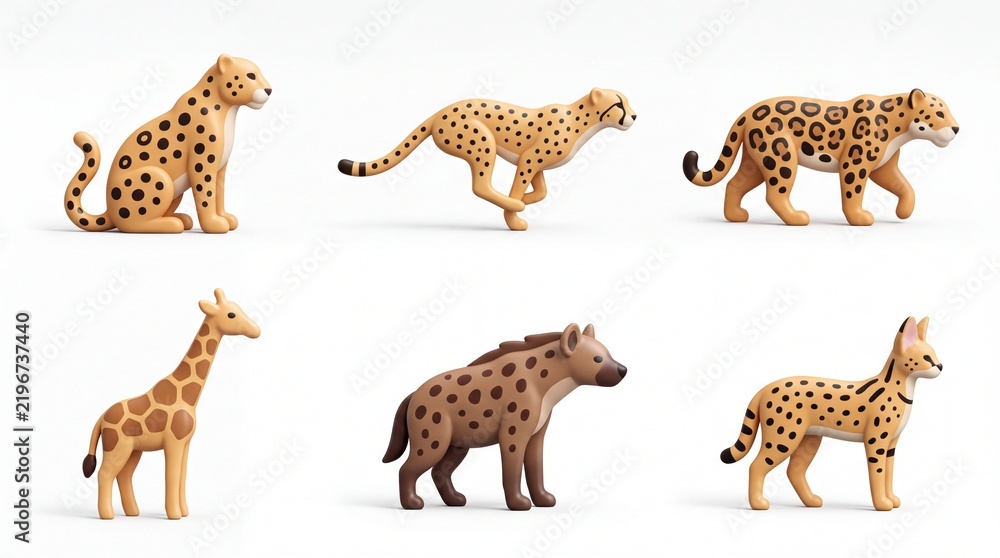 Obraz premium Set of Six Toy Animal Figures Including Cheetah Giraffe Hyena and Leopard in Cartoon Style