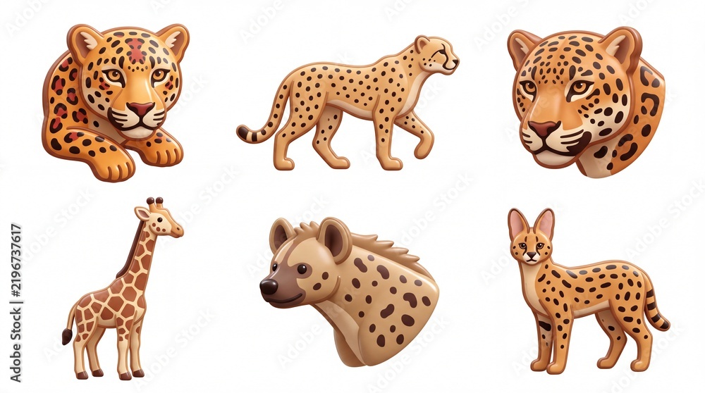Obraz premium Set of Six Cartoon Animal Figures Featuring Cheetah Giraffe and Hyena on White Background