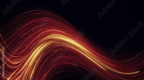 Luminous Light Trails with Golden and Red Glow Sweeping Across a Dark Background, Dynamic Motion Wave for High Speed Data Transfer, Fiber Optic Energy, and Digital Technology Design Concepts
