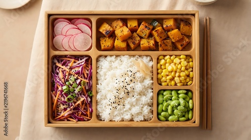 Healthy bento box with fresh rice vegetables corn and edamame beans in a wooden lunch container top view. rainbow meal presentation