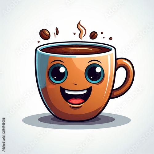Cute Happy Coffee Cup Mascot Character with Steam and Beans Cartoon Illustration for Morning Cafe Branding