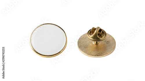 Blank circular gold-rimmed enamel pin with textured back and clasp mechanism