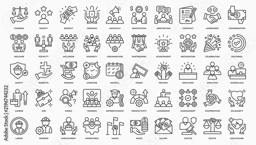 Labor Day icon set collection in outline style, an icon pack contain business, labor, worker, overtime, contract, agreement, diversity, respect, advocacy, celebration and more. Vector Illustration.