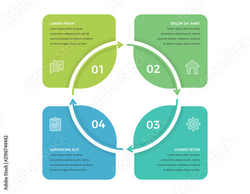 Four options infographic template with four panels arranged in a cycle, connected by arrows. 4 steps flow chart or graphic for business processes and workflows. Vector illustration