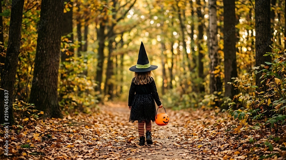 Obraz premium Little girl dressed as witch walking through golden autumn forest carrying plastic pumpkin candy bucket container
