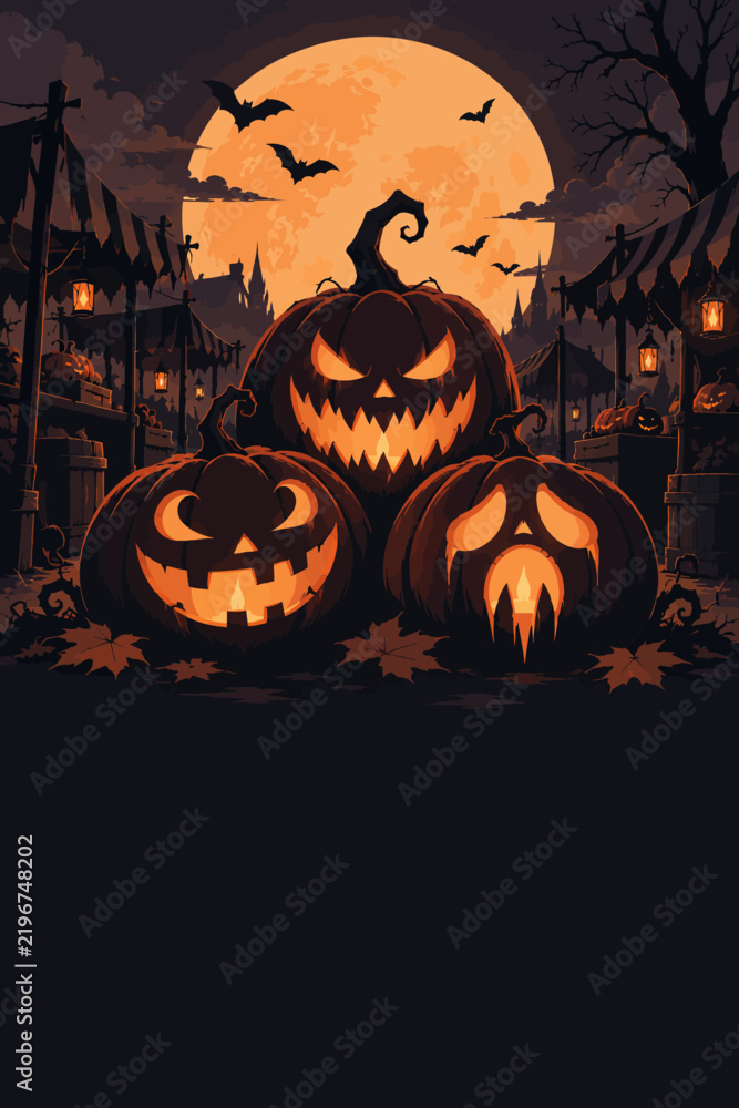 Fototapeta premium Spooky Halloween background with glowing carved jack o lanterns under a large full moon in the night sky