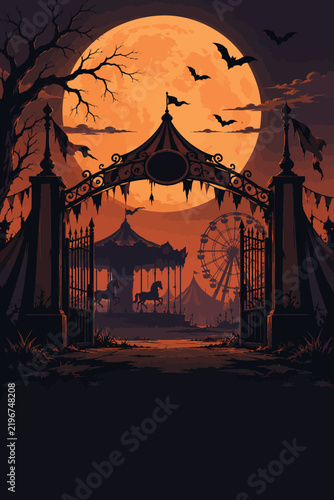 Spooky abandoned carnival gate entrance at night under a large full moon with bats and silhouettes of circus rides