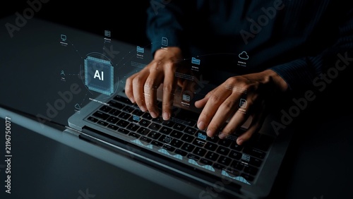 AI specialist works on a laptop. AI document management connects business records, reports and contracts with teams and services, supporting classification and access to shared knowledge