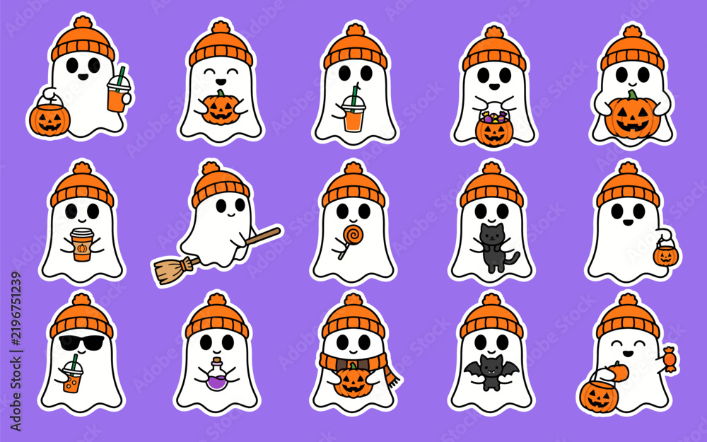 Obraz premium Cute ghost stickers set for Halloween party celebration isolated on transparent background