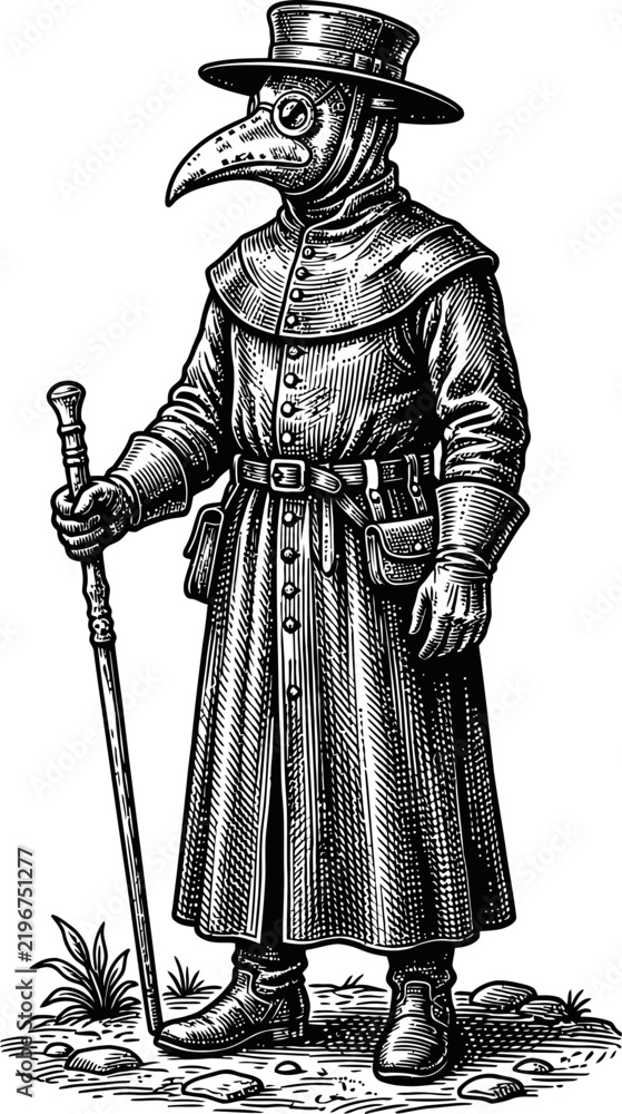 Obraz premium Vintage plague doctor in full costume with beak mask and hat, holding cane, on textured ground, historical medical, isolated illustration